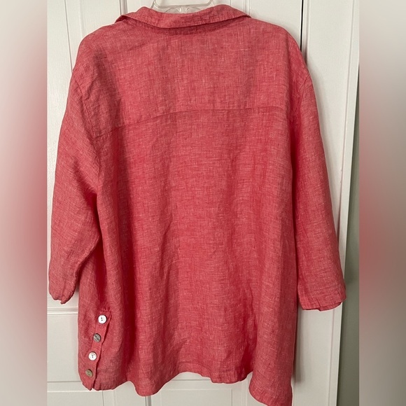 TAHARI 100% Linen Tunic Top Muted Red Split V  Lagenlook Boho Casual Plus Size - Picture 5 of 11